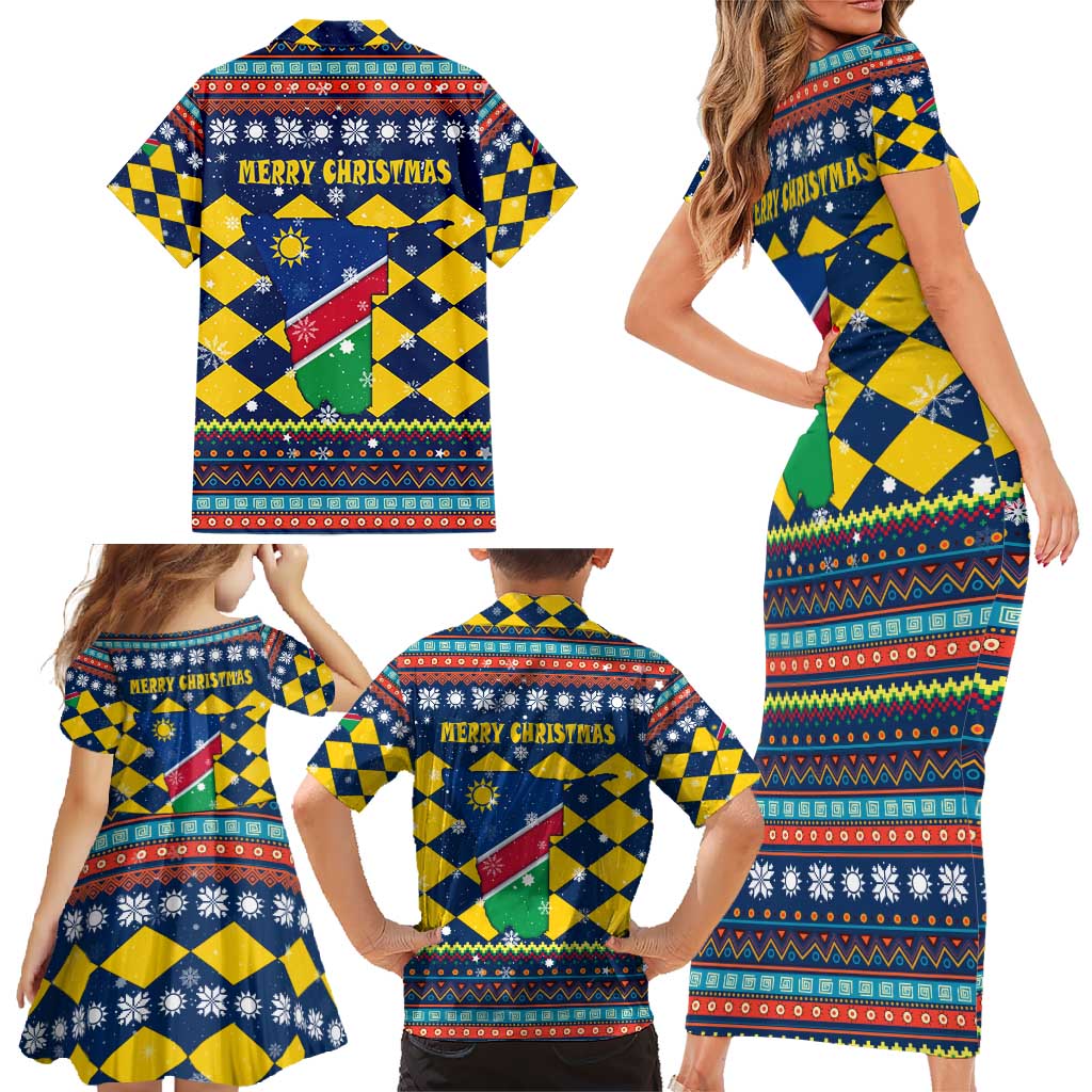 Namibia Christmas Family Matching Short Sleeve Bodycon Dress and Hawaiian Shirt with Blue-Yellow Diamond Pattern, Coat of Arms, and Flag Map Motif - Wonder Print Shop
