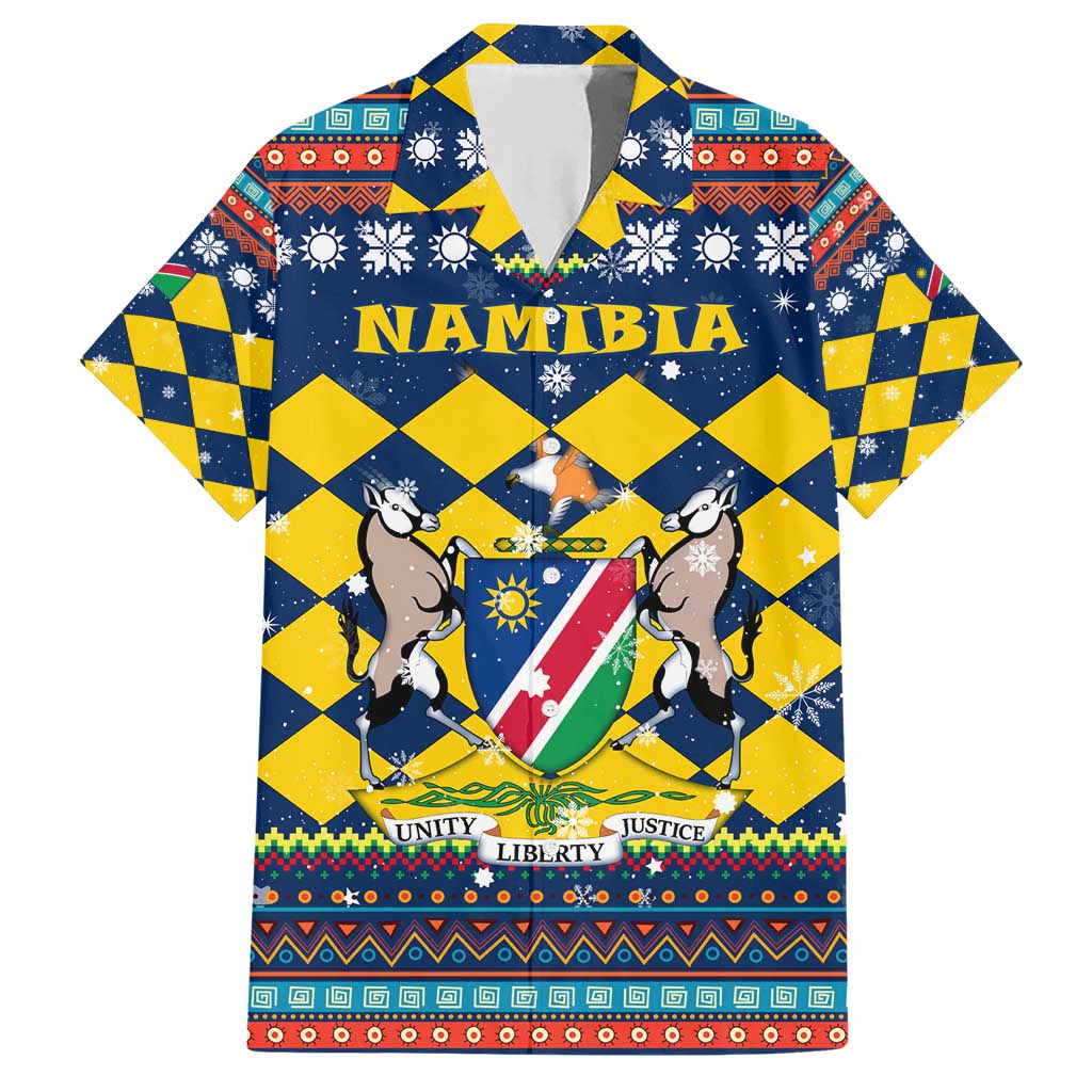Namibia Christmas Family Matching Short Sleeve Bodycon Dress and Hawaiian Shirt with Blue-Yellow Diamond Pattern, Coat of Arms, and Flag Map Motif - Wonder Print Shop