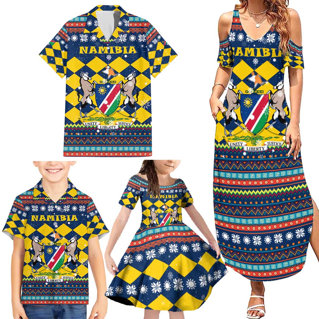 Namibia Christmas Family Matching Summer Maxi Dress and Hawaiian Shirt with Blue-Yellow Diamond Pattern, Coat of Arms, and Flag Map Motif - Wonder Print Shop