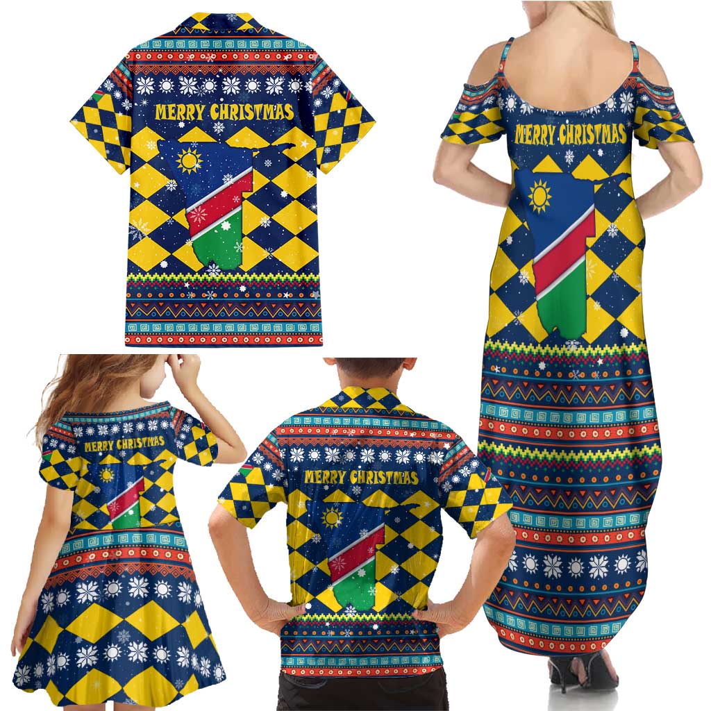 Namibia Christmas Family Matching Summer Maxi Dress and Hawaiian Shirt with Blue-Yellow Diamond Pattern, Coat of Arms, and Flag Map Motif - Wonder Print Shop
