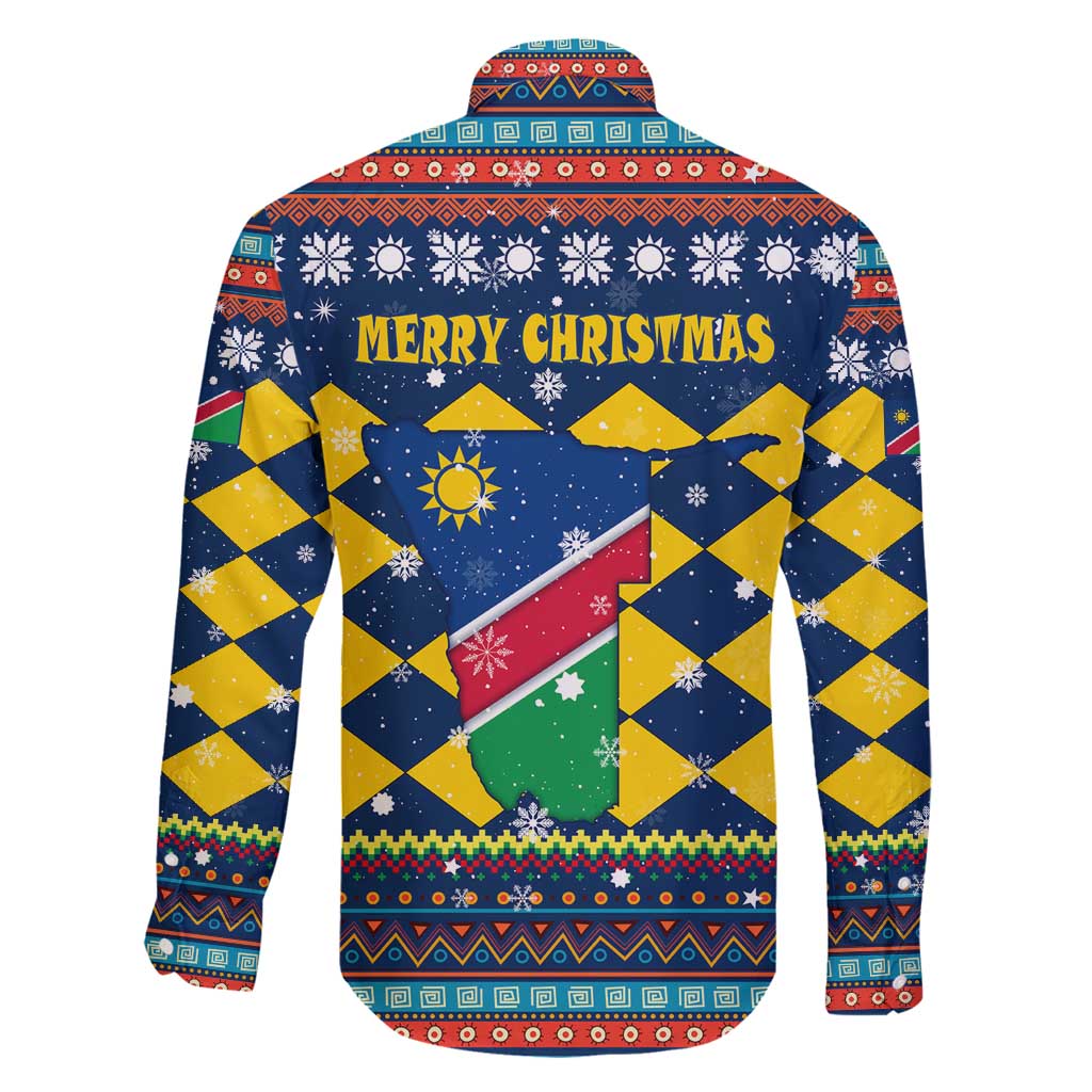 Namibia Christmas Family Matching Summer Maxi Dress and Hawaiian Shirt with Blue-Yellow Diamond Pattern, Coat of Arms, and Flag Map Motif - Wonder Print Shop