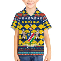 Namibia Christmas Family Matching Summer Maxi Dress and Hawaiian Shirt with Blue-Yellow Diamond Pattern, Coat of Arms, and Flag Map Motif - Wonder Print Shop