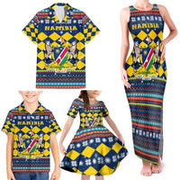 Namibia Christmas Family Matching Tank Maxi Dress and Hawaiian Shirt with Blue-Yellow Diamond Pattern, Coat of Arms, and Flag Map Motif - Wonder Print Shop