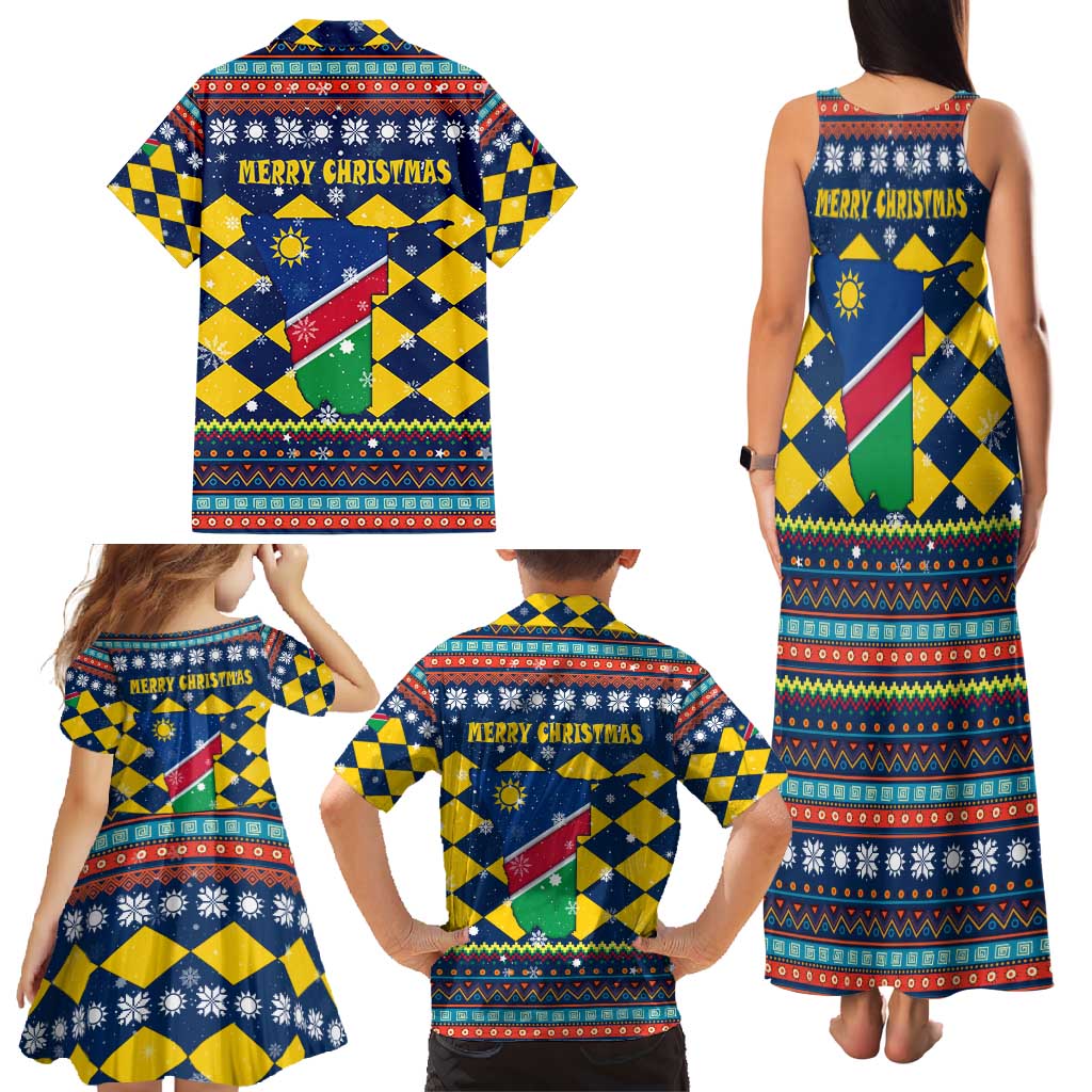 Namibia Christmas Family Matching Tank Maxi Dress and Hawaiian Shirt with Blue-Yellow Diamond Pattern, Coat of Arms, and Flag Map Motif - Wonder Print Shop