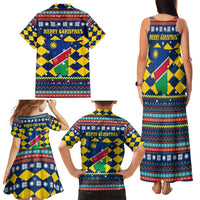 Namibia Christmas Family Matching Tank Maxi Dress and Hawaiian Shirt with Blue-Yellow Diamond Pattern, Coat of Arms, and Flag Map Motif - Wonder Print Shop