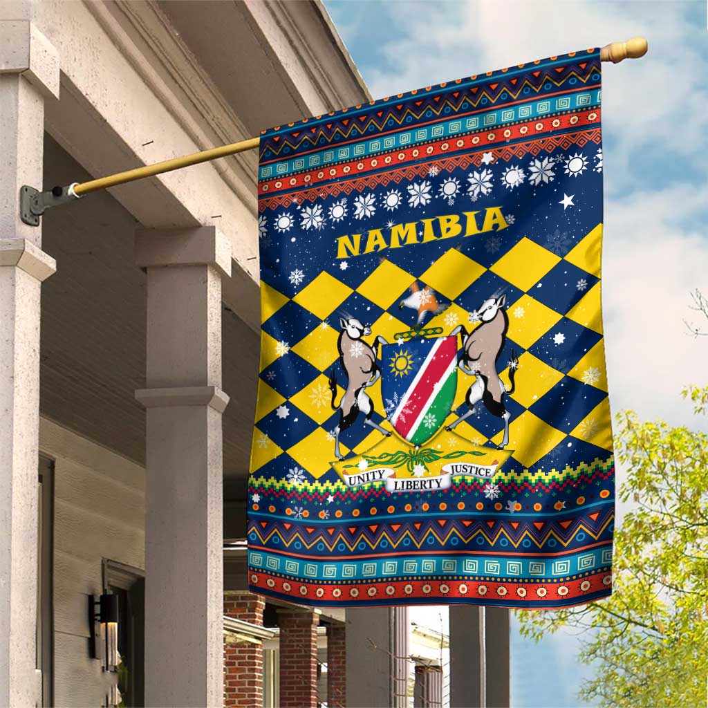 Namibia Christmas Garden Flag with Blue-Yellow Diamond Pattern, Coat of Arms, and Flag Map Motif - Wonder Print Shop