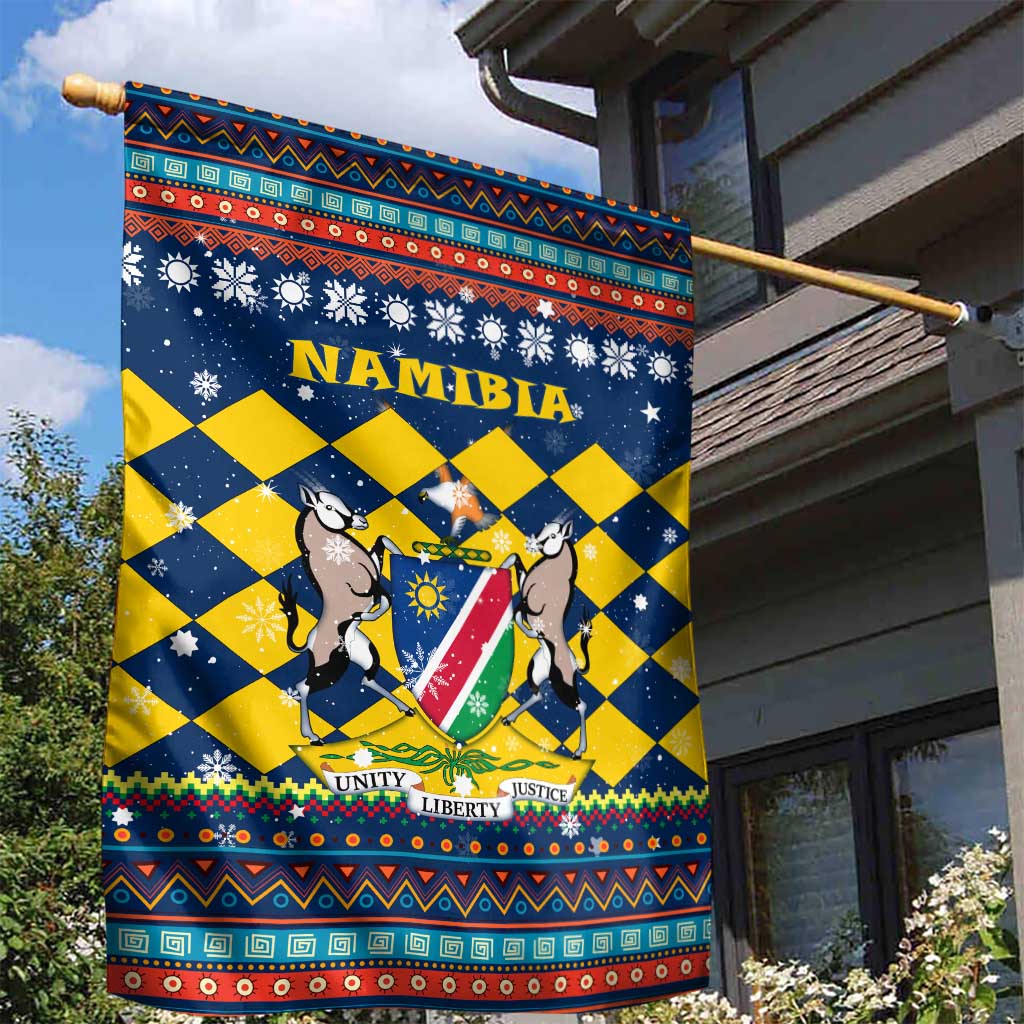 Namibia Christmas Garden Flag with Blue-Yellow Diamond Pattern, Coat of Arms, and Flag Map Motif - Wonder Print Shop