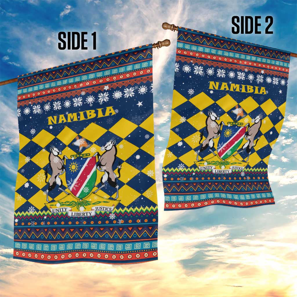 Namibia Christmas Garden Flag with Blue-Yellow Diamond Pattern, Coat of Arms, and Flag Map Motif - Wonder Print Shop