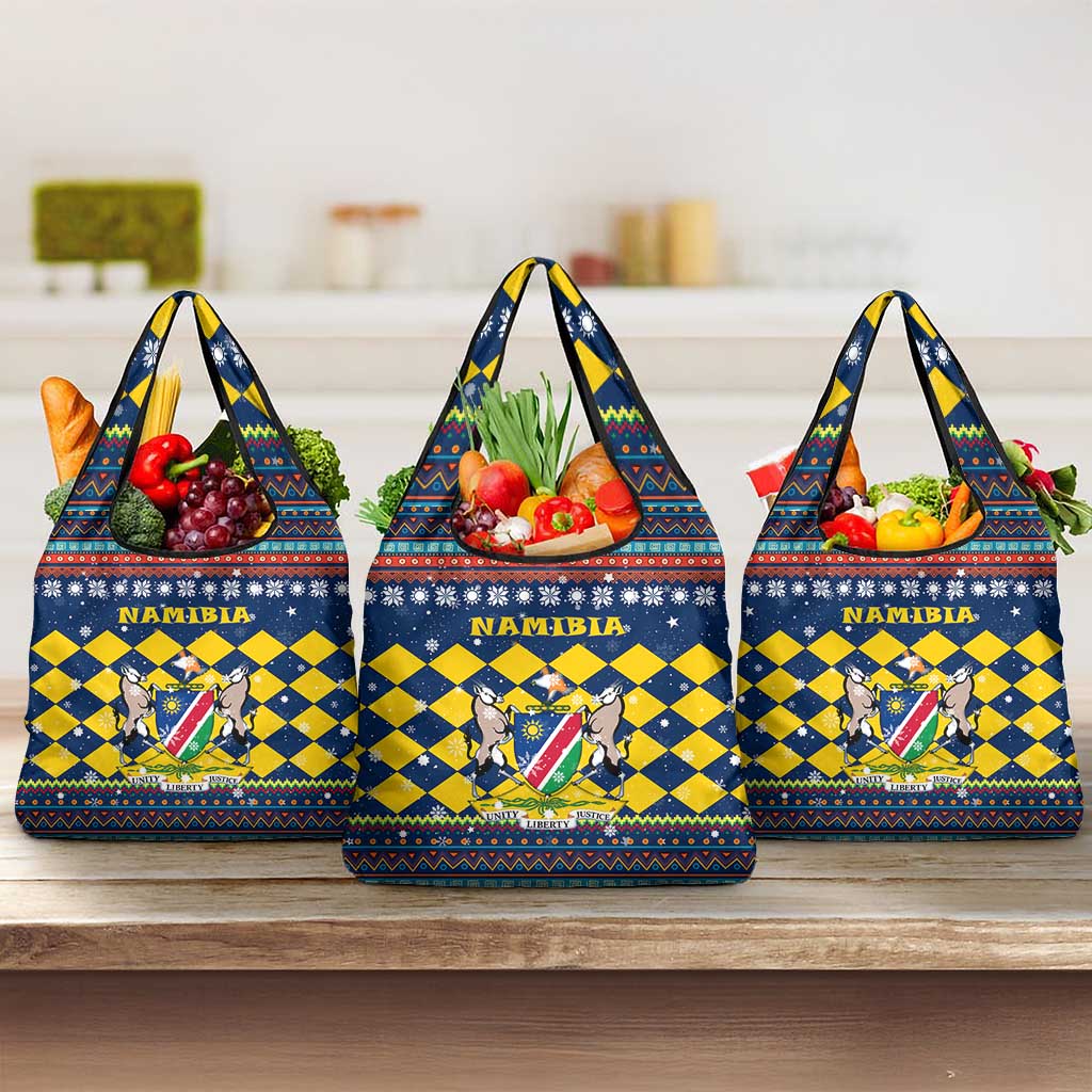 Namibia Christmas Grocery Bag with Blue-Yellow Diamond Pattern, Coat of Arms, and Flag Map Motif - Wonder Print Shop