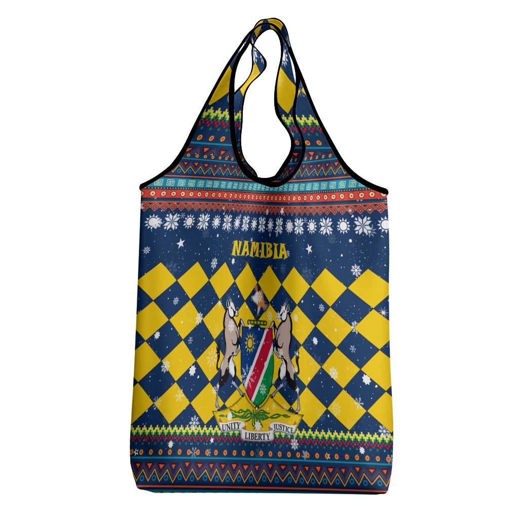 Namibia Christmas Grocery Bag with Blue-Yellow Diamond Pattern, Coat of Arms, and Flag Map Motif - Wonder Print Shop