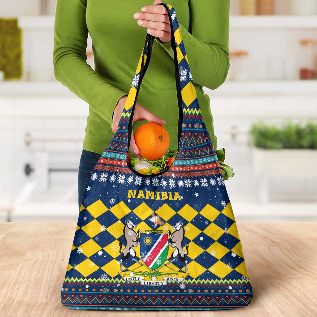 Namibia Christmas Grocery Bag with Blue-Yellow Diamond Pattern, Coat of Arms, and Flag Map Motif - Wonder Print Shop