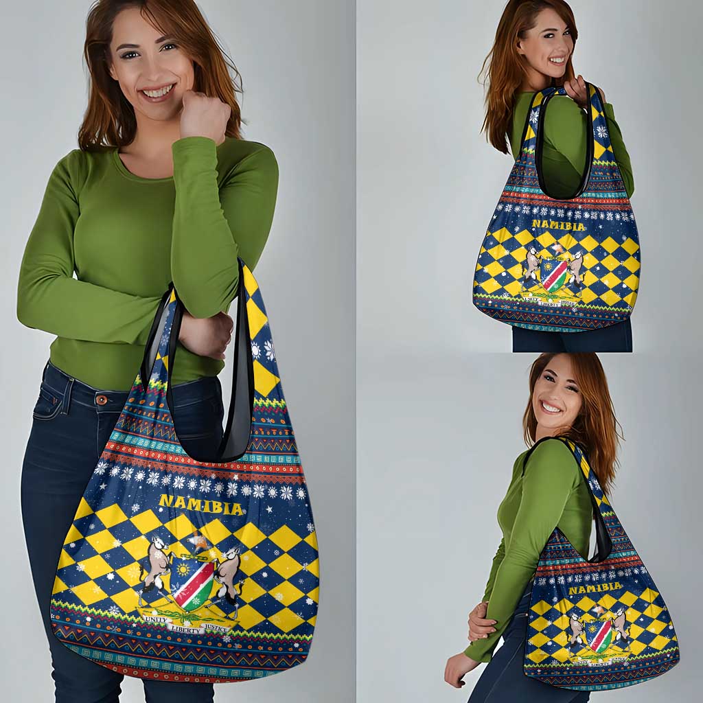 Namibia Christmas Grocery Bag with Blue-Yellow Diamond Pattern, Coat of Arms, and Flag Map Motif - Wonder Print Shop
