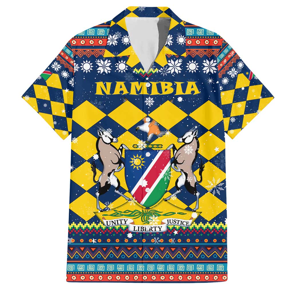 Namibia Christmas Hawaiian Shirt with Blue-Yellow Diamond Pattern, Coat of Arms, and Flag Map Motif - Wonder Print Shop