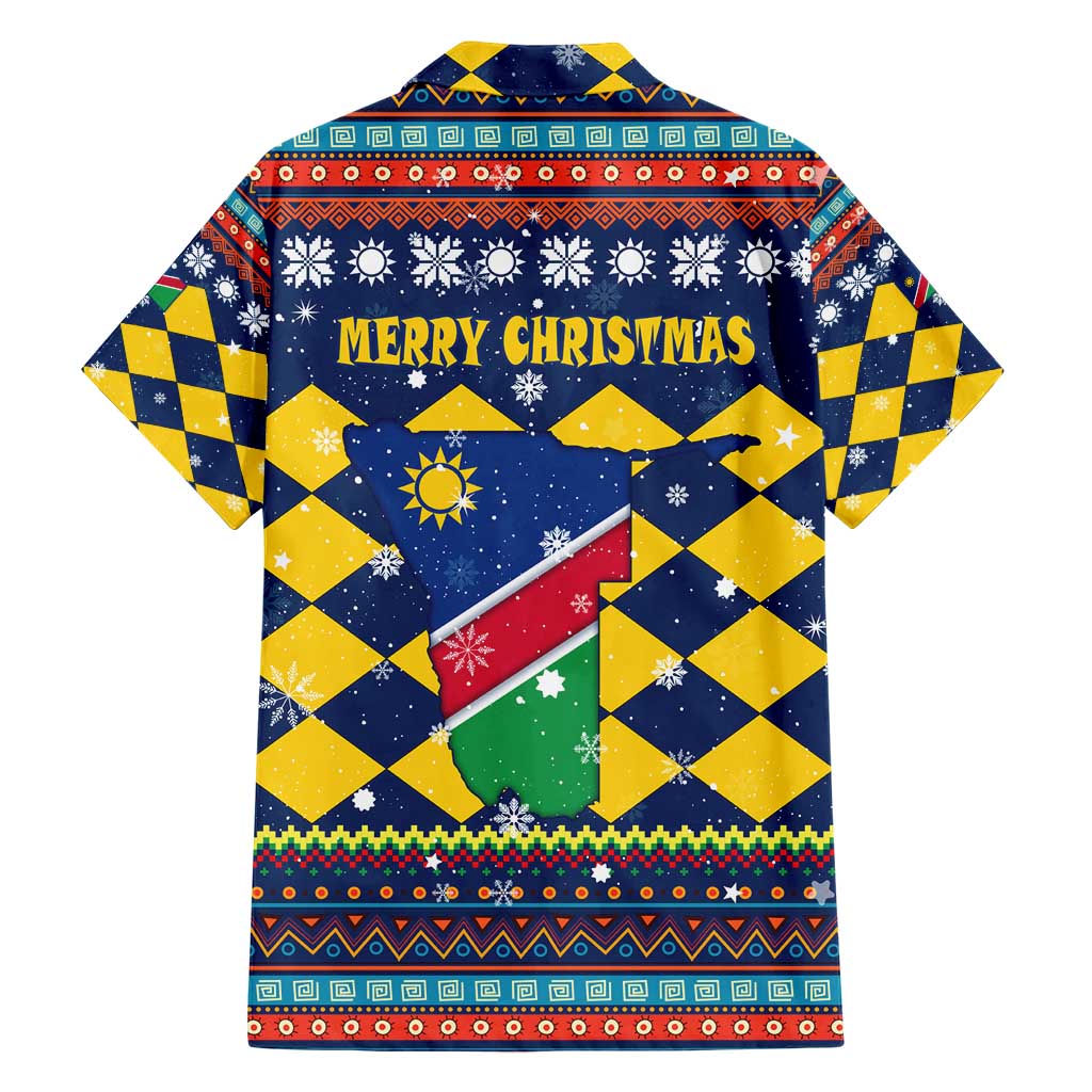 Namibia Christmas Hawaiian Shirt with Blue-Yellow Diamond Pattern, Coat of Arms, and Flag Map Motif - Wonder Print Shop