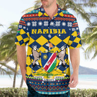 Namibia Christmas Hawaiian Shirt with Blue-Yellow Diamond Pattern, Coat of Arms, and Flag Map Motif - Wonder Print Shop
