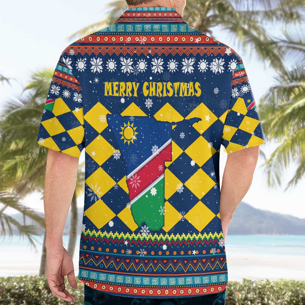 Namibia Christmas Hawaiian Shirt with Blue-Yellow Diamond Pattern, Coat of Arms, and Flag Map Motif - Wonder Print Shop