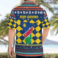 Namibia Christmas Hawaiian Shirt with Blue-Yellow Diamond Pattern, Coat of Arms, and Flag Map Motif - Wonder Print Shop