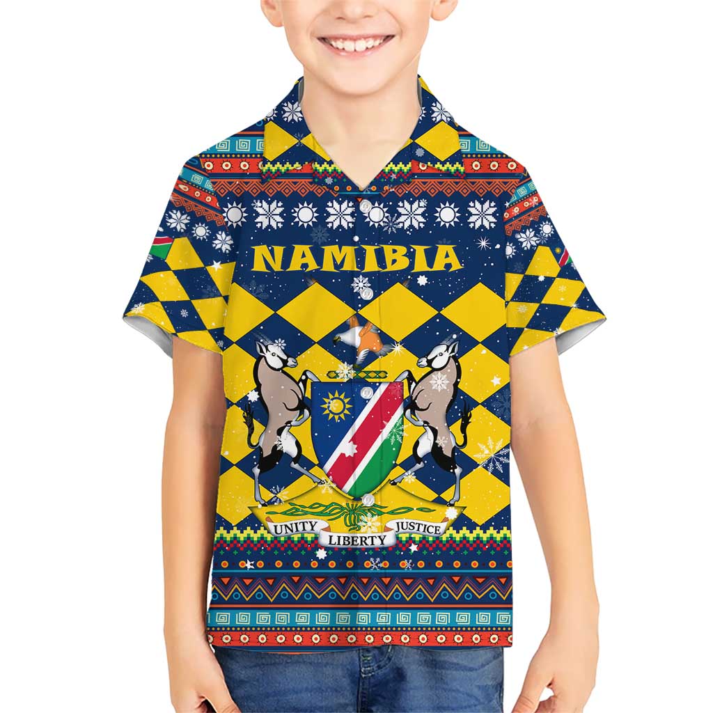 Namibia Christmas Hawaiian Shirt with Blue-Yellow Diamond Pattern, Coat of Arms, and Flag Map Motif - Wonder Print Shop