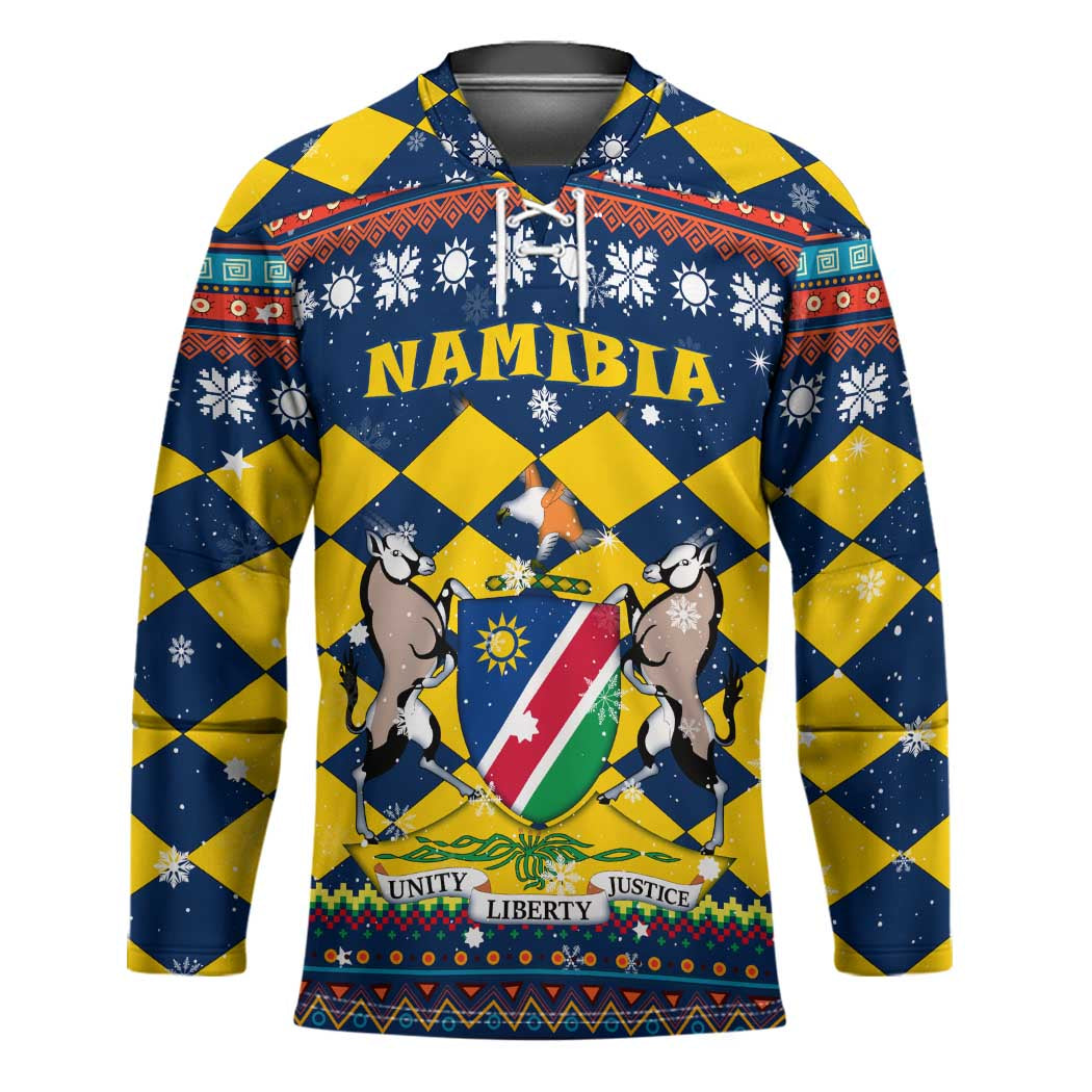 Namibia Christmas Hockey Jersey with Blue-Yellow Diamond Pattern, Coat of Arms, and Flag Map Motif - Wonder Print Shop