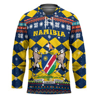Namibia Christmas Hockey Jersey with Blue-Yellow Diamond Pattern, Coat of Arms, and Flag Map Motif - Wonder Print Shop