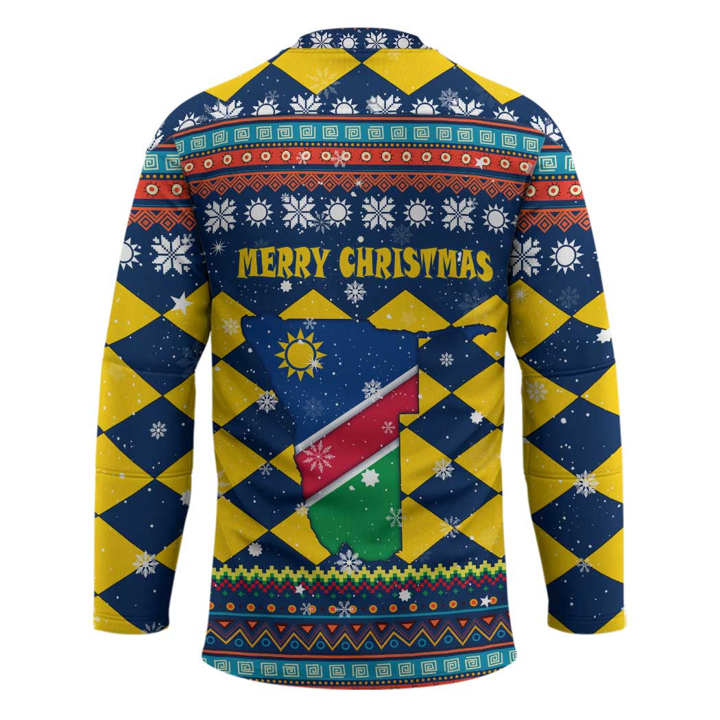 Namibia Christmas Hockey Jersey with Blue-Yellow Diamond Pattern, Coat of Arms, and Flag Map Motif - Wonder Print Shop