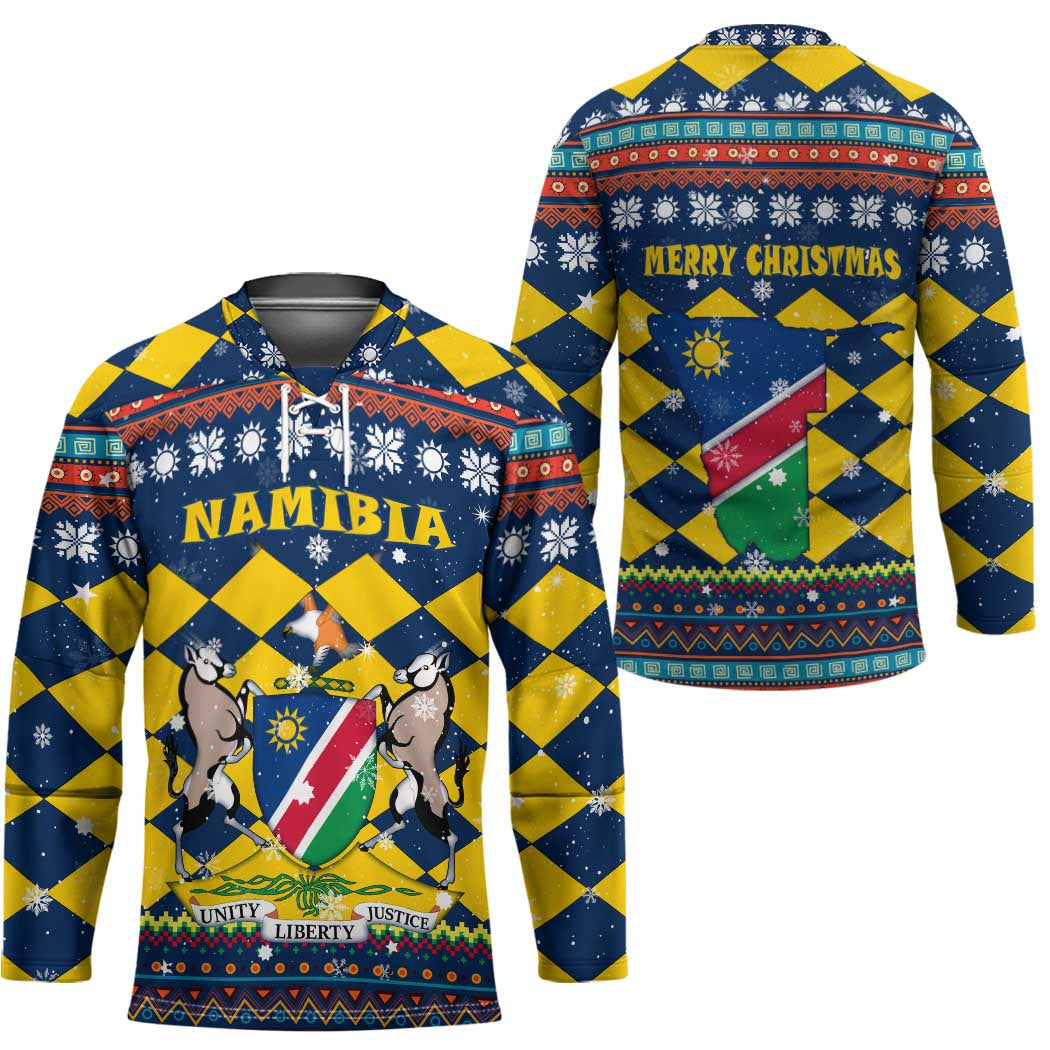Namibia Christmas Hockey Jersey with Blue-Yellow Diamond Pattern, Coat of Arms, and Flag Map Motif - Wonder Print Shop