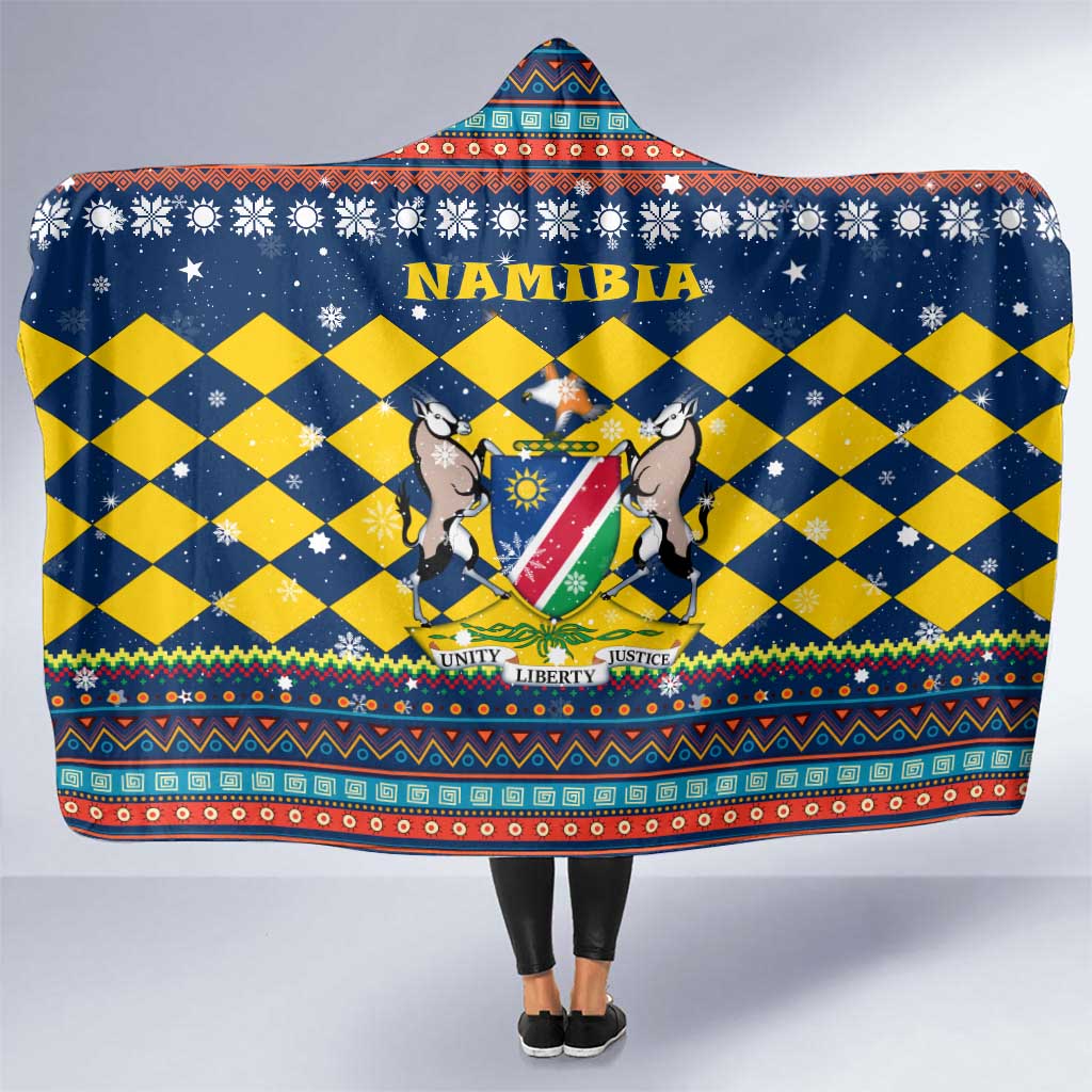 Namibia Christmas Hooded Blanket with Blue-Yellow Diamond Pattern, Coat of Arms, and Flag Map Motif - Wonder Print Shop