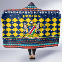 Namibia Christmas Hooded Blanket with Blue-Yellow Diamond Pattern, Coat of Arms, and Flag Map Motif - Wonder Print Shop