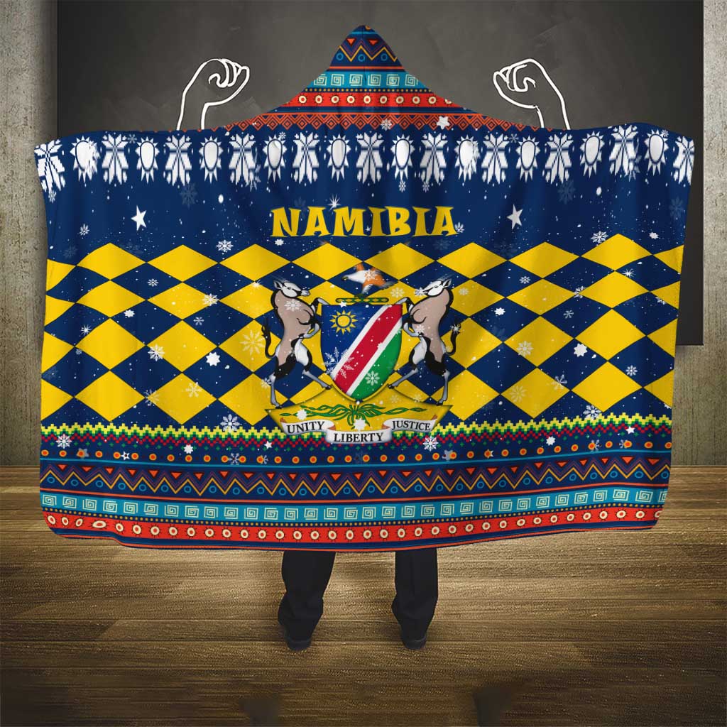 Namibia Christmas Hooded Blanket with Blue-Yellow Diamond Pattern, Coat of Arms, and Flag Map Motif - Wonder Print Shop