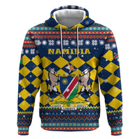 Namibia Christmas Hoodie with Blue-Yellow Diamond Pattern, Coat of Arms, and Flag Map Motif - Wonder Print Shop