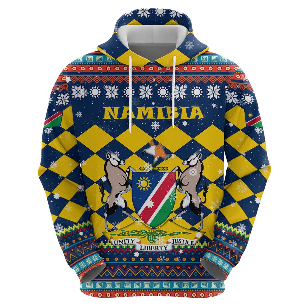 Namibia Christmas Hoodie with Blue-Yellow Diamond Pattern, Coat of Arms, and Flag Map Motif - Wonder Print Shop