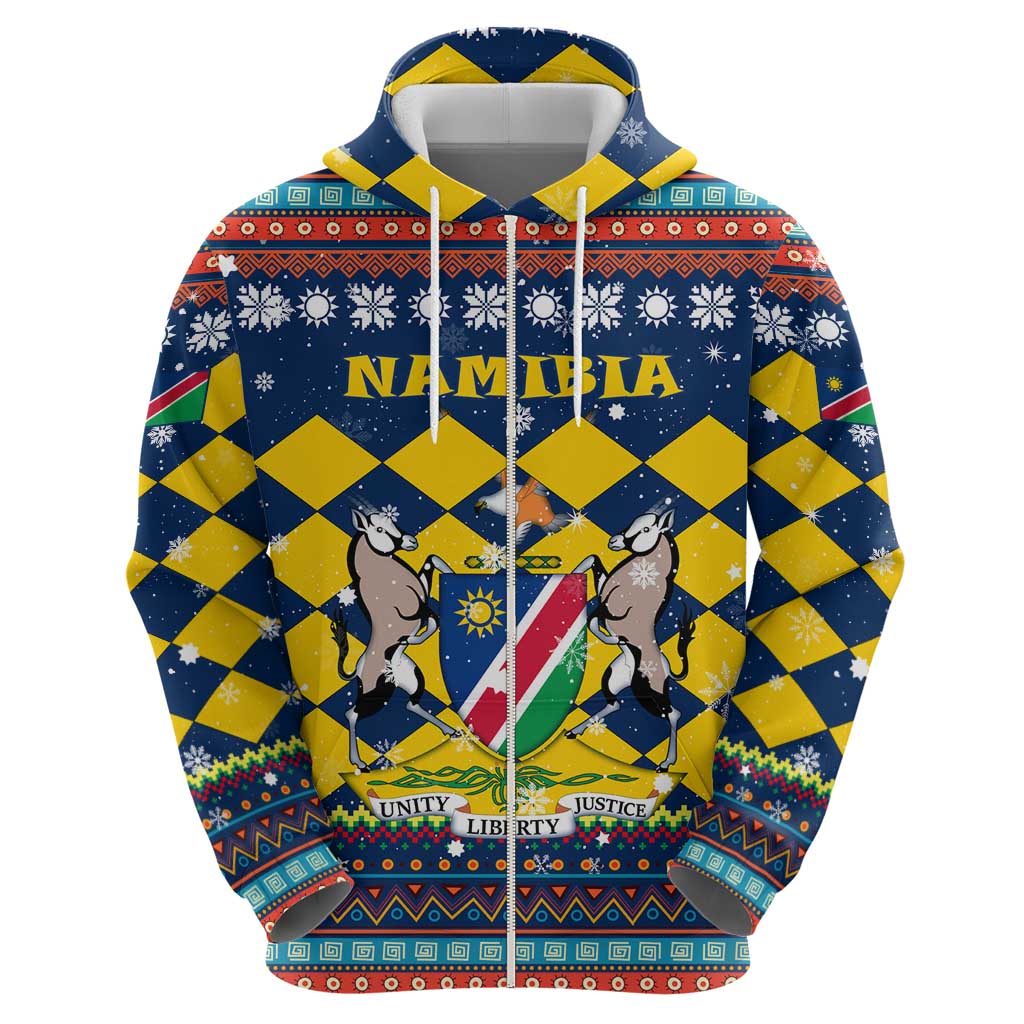 Namibia Christmas Hoodie with Blue-Yellow Diamond Pattern, Coat of Arms, and Flag Map Motif - Wonder Print Shop
