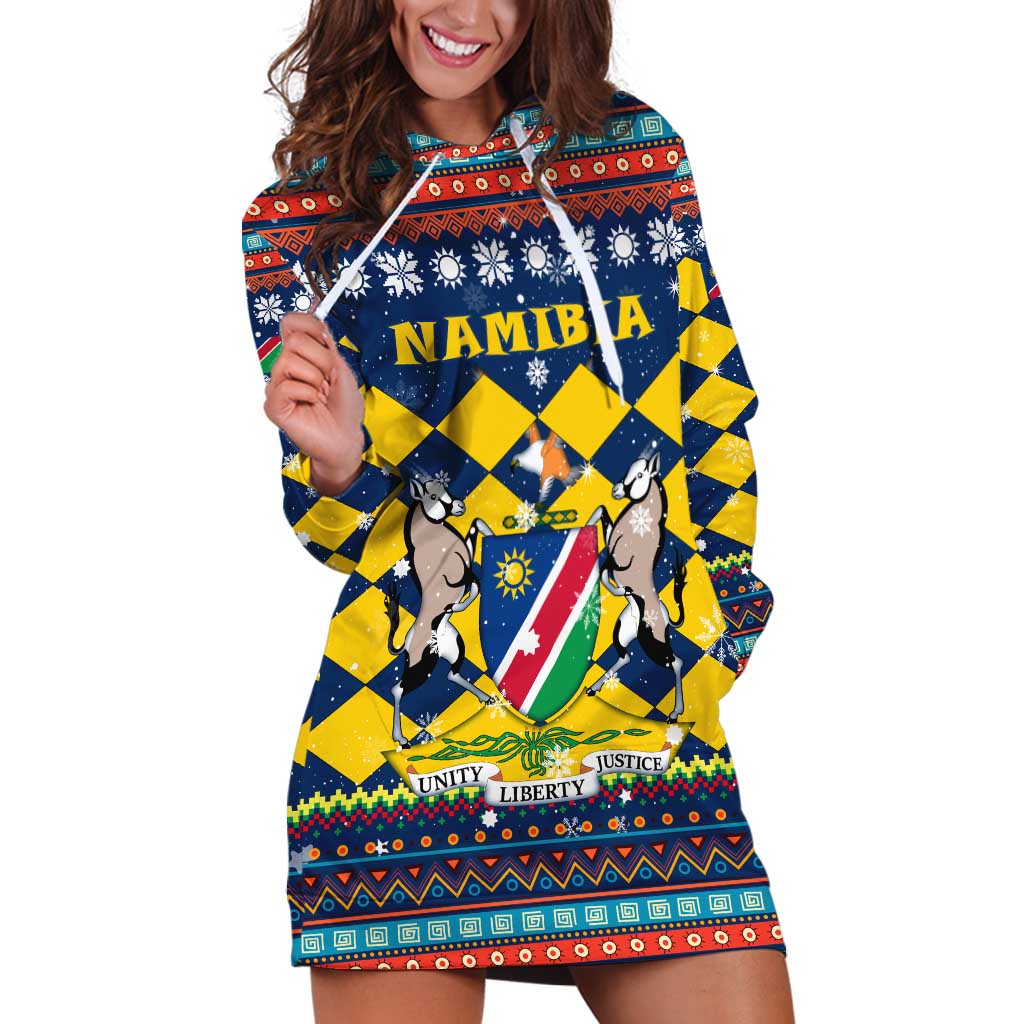 Namibia Christmas Hoodie Dress with Blue-Yellow Diamond Pattern, Coat of Arms, and Flag Map Motif - Wonder Print Shop