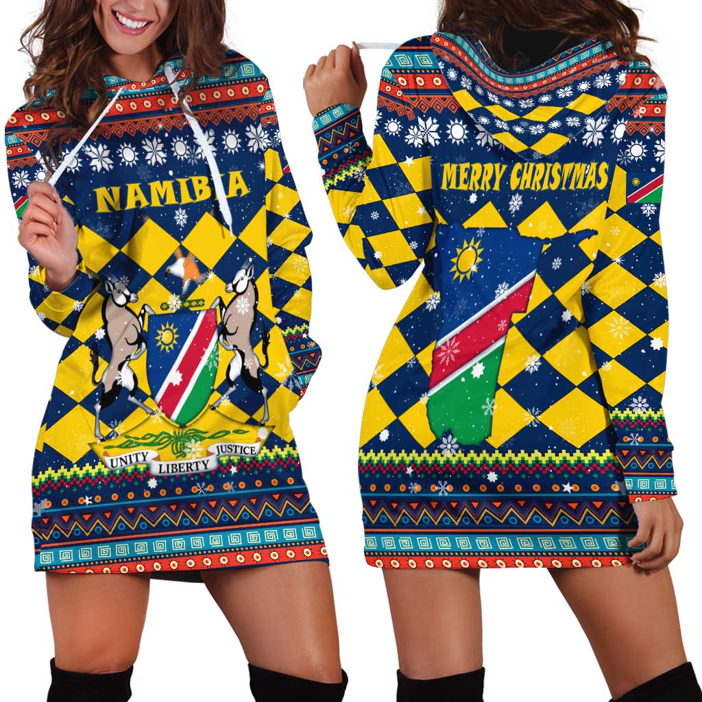 Namibia Christmas Hoodie Dress with Blue-Yellow Diamond Pattern, Coat of Arms, and Flag Map Motif - Wonder Print Shop