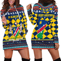 Namibia Christmas Hoodie Dress with Blue-Yellow Diamond Pattern, Coat of Arms, and Flag Map Motif - Wonder Print Shop