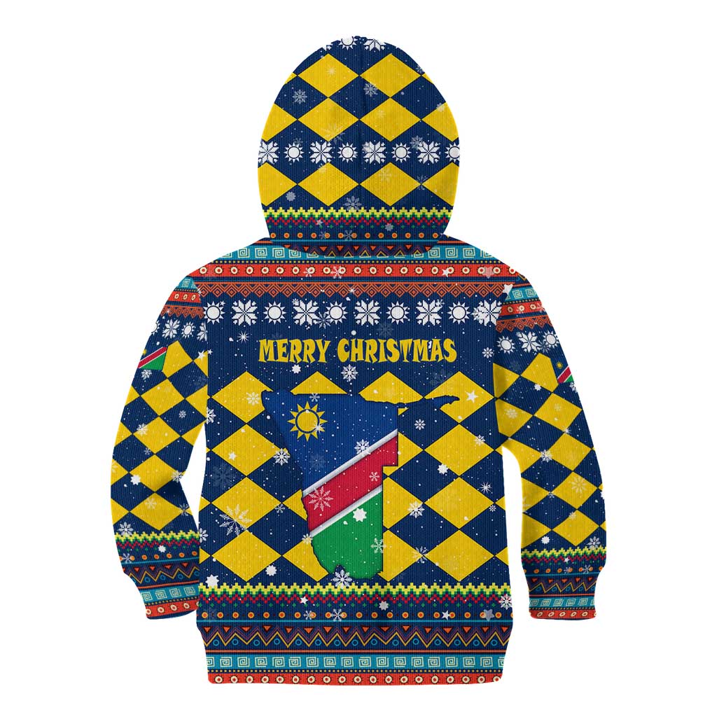 Namibia Christmas Kid Hoodie with Blue-Yellow Diamond Pattern, Coat of Arms, and Flag Map Motif - Wonder Print Shop