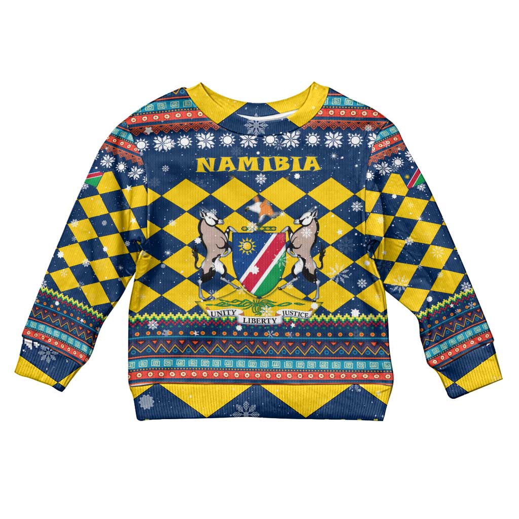 Namibia Christmas Kid Ugly Christmas Sweater with Blue-Yellow Diamond Pattern, Coat of Arms, and Flag Map Motif - Wonder Print Shop
