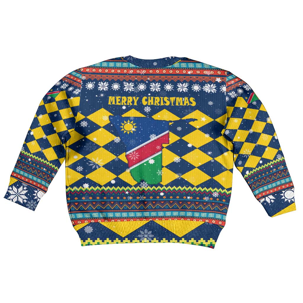 Namibia Christmas Kid Ugly Christmas Sweater with Blue-Yellow Diamond Pattern, Coat of Arms, and Flag Map Motif - Wonder Print Shop