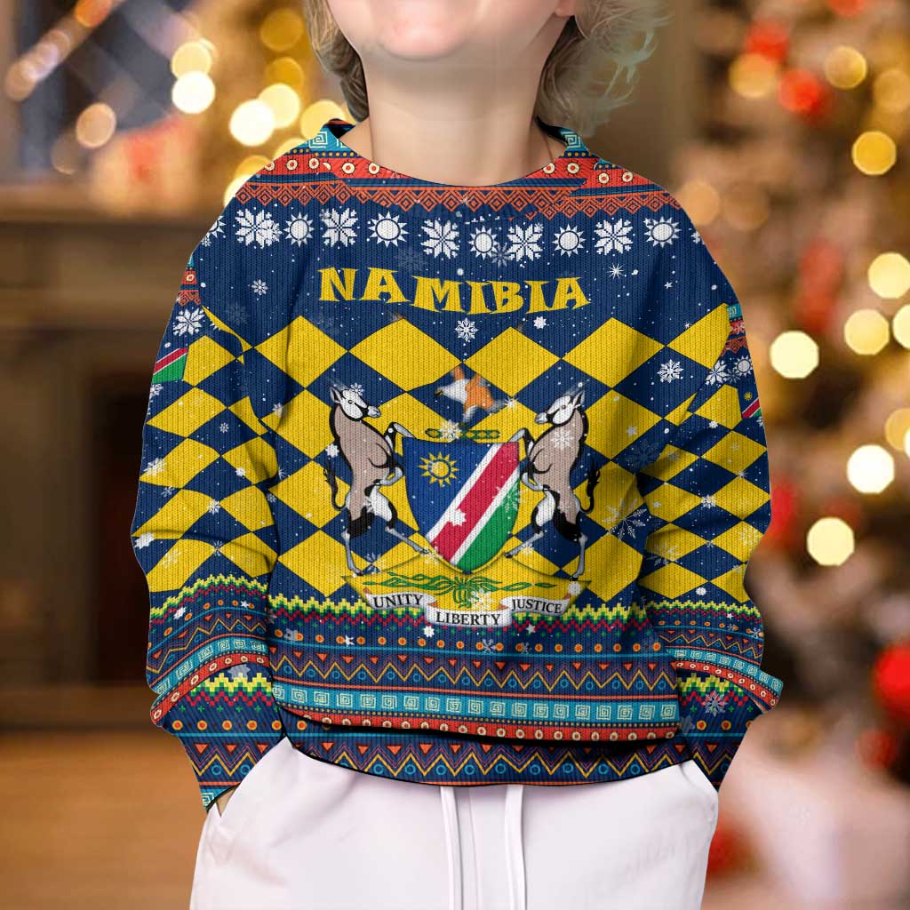Namibia Christmas Kid Ugly Christmas Sweater with Blue-Yellow Diamond Pattern, Coat of Arms, and Flag Map Motif - Wonder Print Shop