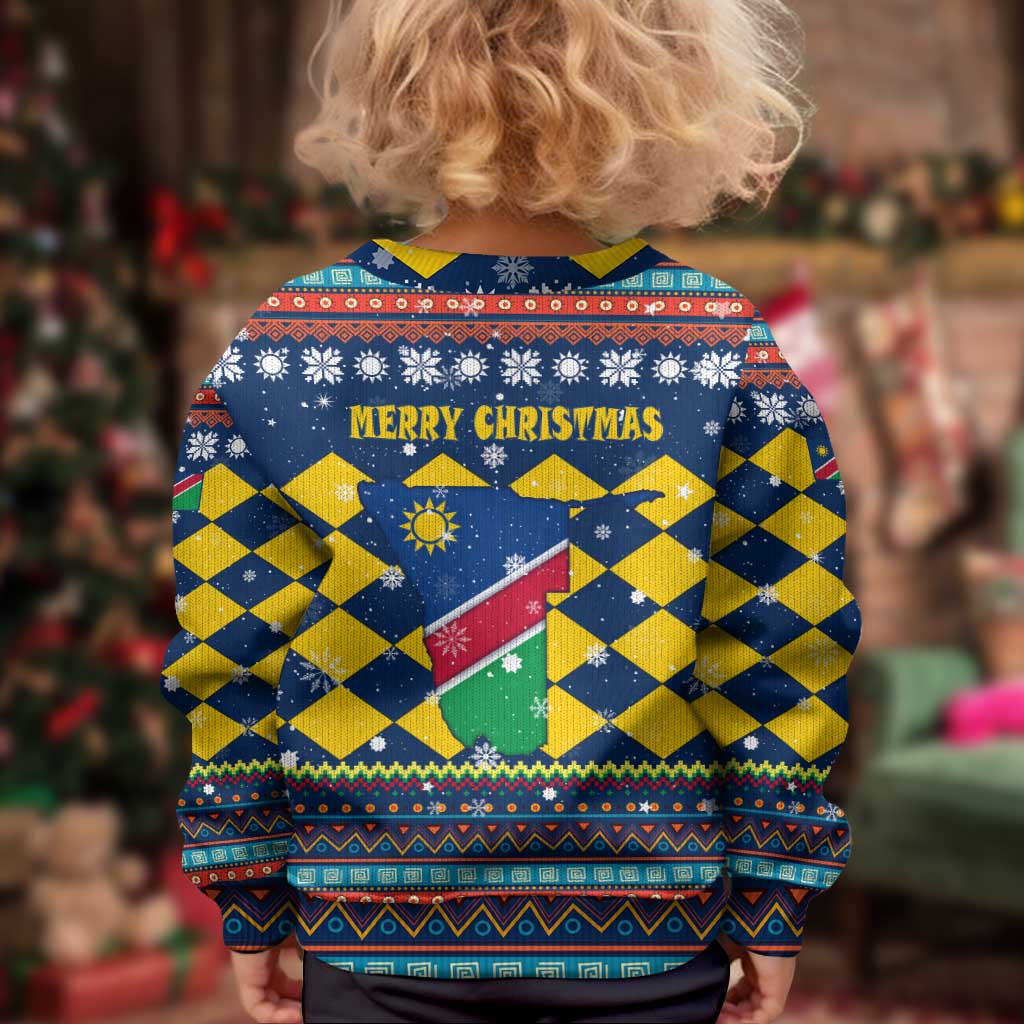 Namibia Christmas Kid Ugly Christmas Sweater with Blue-Yellow Diamond Pattern, Coat of Arms, and Flag Map Motif - Wonder Print Shop