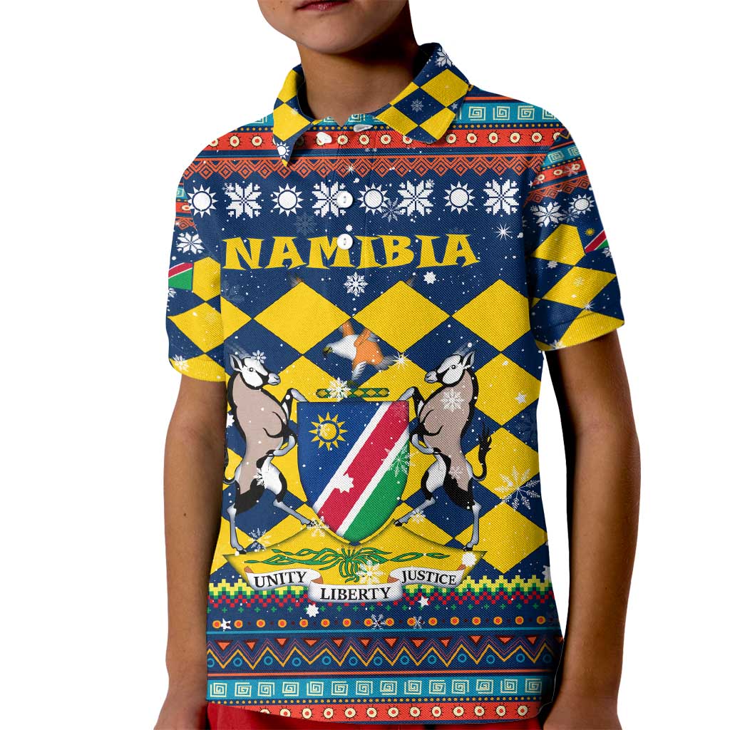 Namibia Christmas Kid Polo Shirt with Blue-Yellow Diamond Pattern, Coat of Arms, and Flag Map Motif - Wonder Print Shop