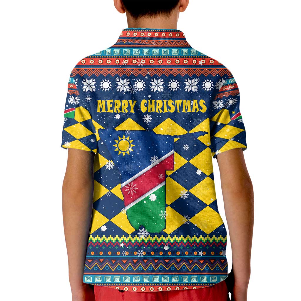 Namibia Christmas Kid Polo Shirt with Blue-Yellow Diamond Pattern, Coat of Arms, and Flag Map Motif - Wonder Print Shop