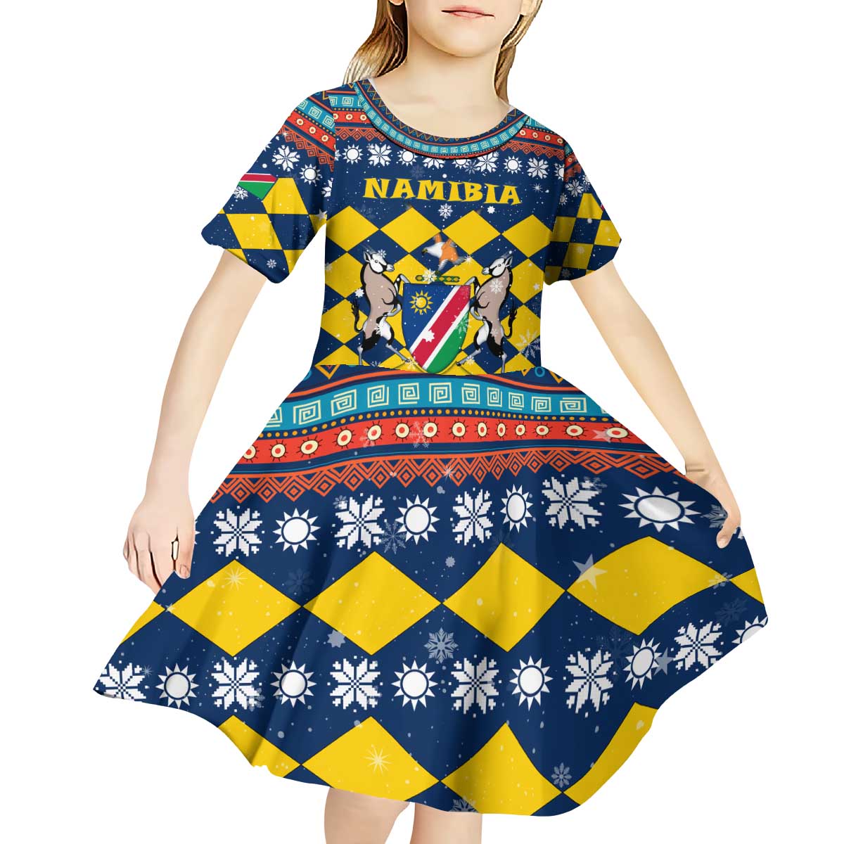 Namibia Christmas Kid Short Sleeve Dress with Blue-Yellow Diamond Pattern, Coat of Arms, and Flag Map Motif - Wonder Print Shop