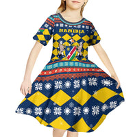 Namibia Christmas Kid Short Sleeve Dress with Blue-Yellow Diamond Pattern, Coat of Arms, and Flag Map Motif - Wonder Print Shop