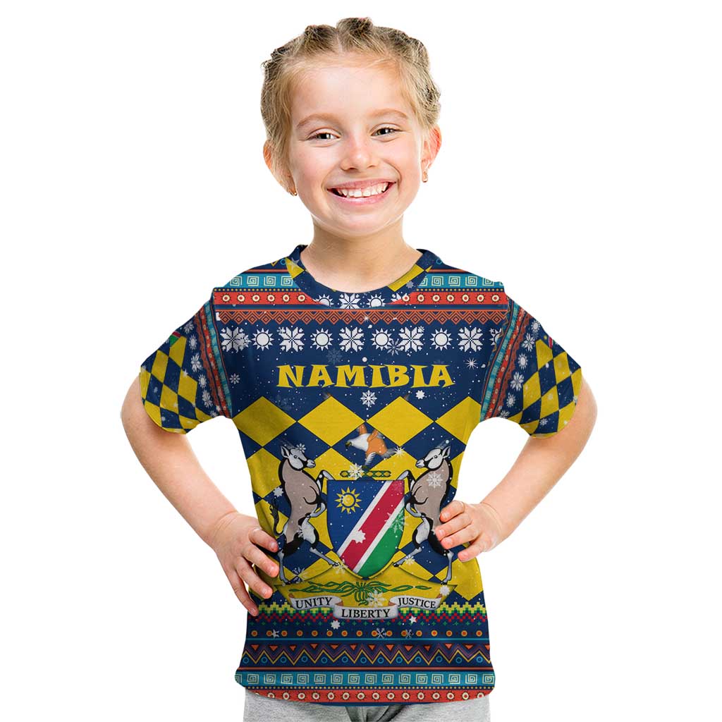 Namibia Christmas Kid T Shirt with Blue-Yellow Diamond Pattern, Coat of Arms, and Flag Map Motif - Wonder Print Shop