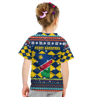 Namibia Christmas Kid T Shirt with Blue-Yellow Diamond Pattern, Coat of Arms, and Flag Map Motif - Wonder Print Shop