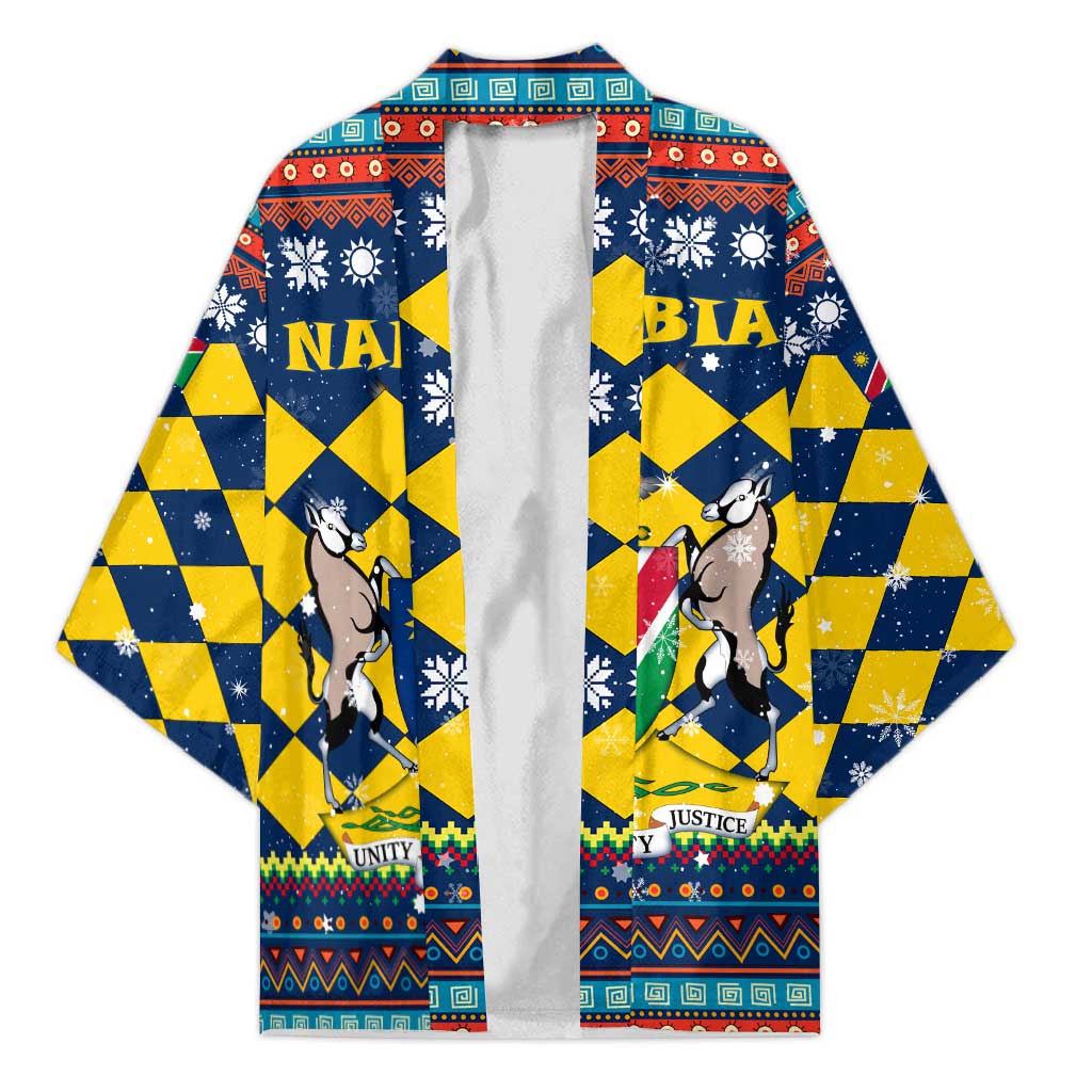 Namibia Christmas Kimono with Blue-Yellow Diamond Pattern, Coat of Arms, and Flag Map Motif - Wonder Print Shop