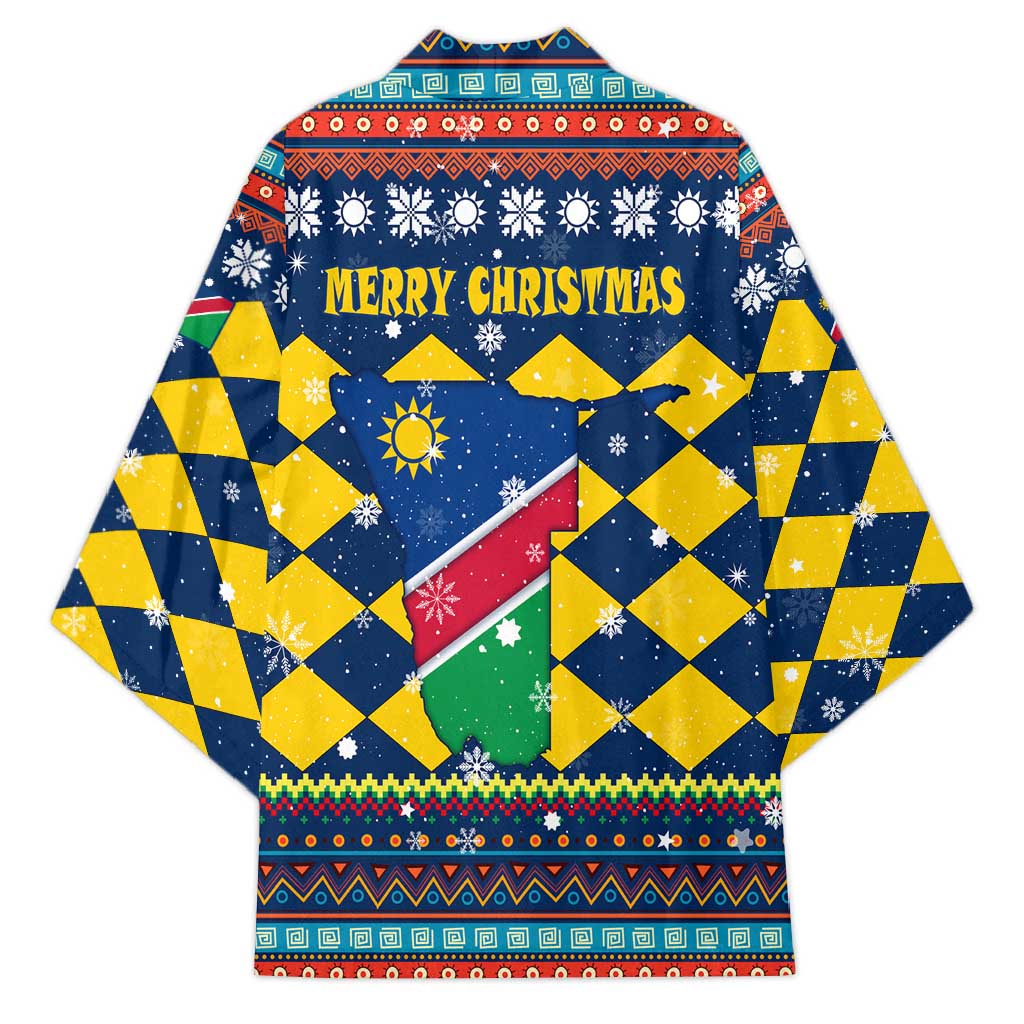 Namibia Christmas Kimono with Blue-Yellow Diamond Pattern, Coat of Arms, and Flag Map Motif - Wonder Print Shop