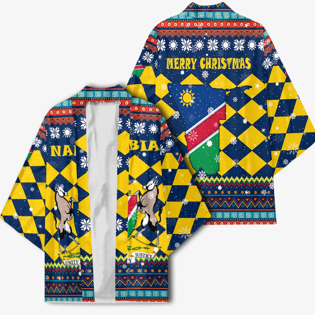 Namibia Christmas Kimono with Blue-Yellow Diamond Pattern, Coat of Arms, and Flag Map Motif - Wonder Print Shop