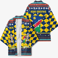 Namibia Christmas Kimono with Blue-Yellow Diamond Pattern, Coat of Arms, and Flag Map Motif - Wonder Print Shop